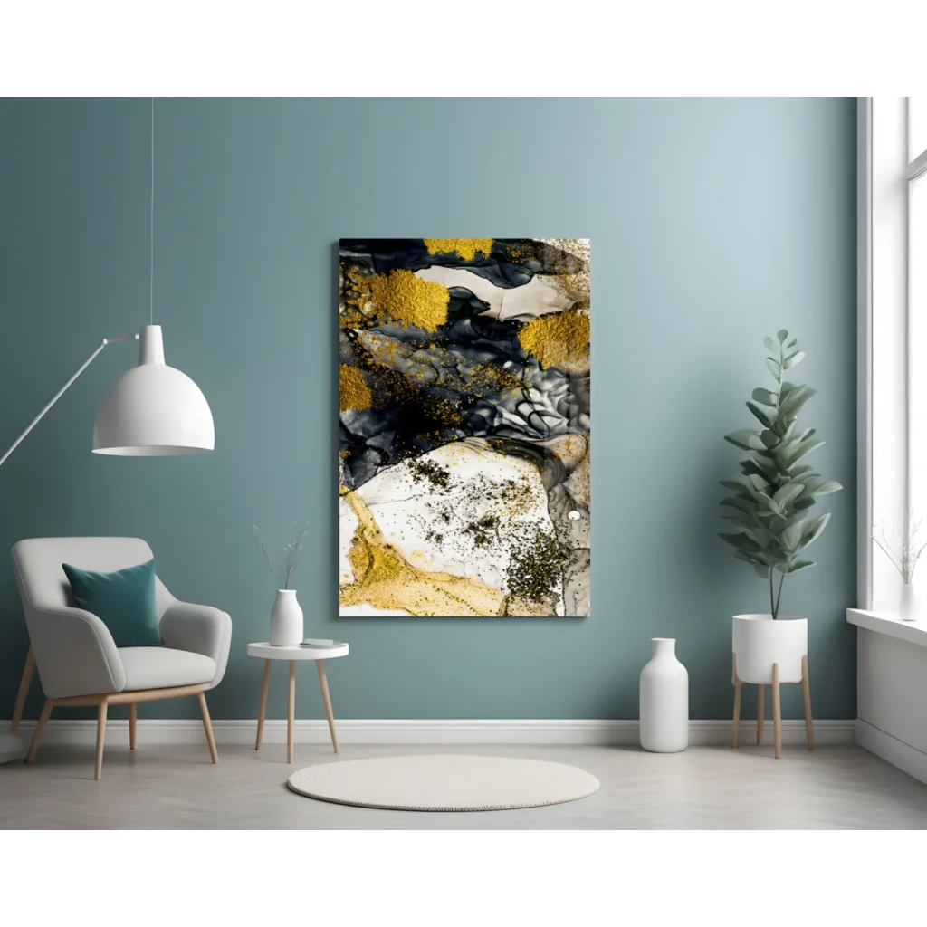 Swirling gold black white abstract wall art with glitter accents