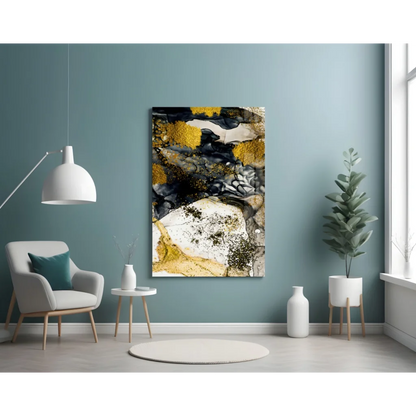 Swirling gold black white abstract wall art with glitter accents