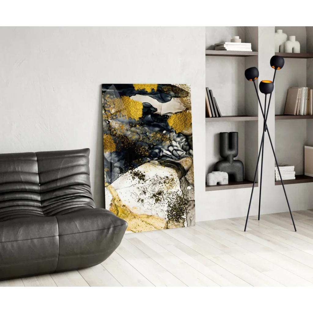 Swirling black, gold, and white abstract glass wall art with glossy resin patterns