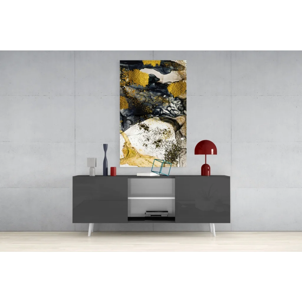 Swirling gold black white abstract wall art with glitter patterns