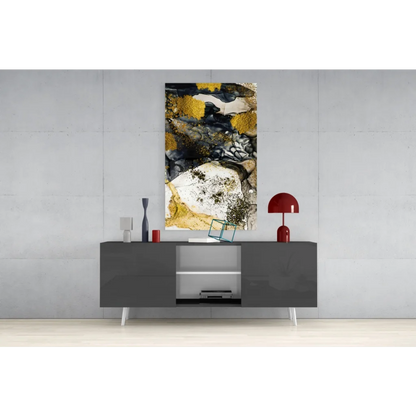 Swirling gold black white abstract wall art with glitter patterns