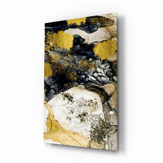 Swirling gold black white abstract glass wall art with glittery liquid patterns