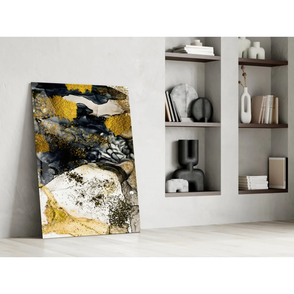 Swirling gold black white abstract wall art with glitter patterns