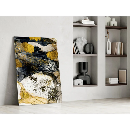 Swirling gold black white abstract wall art with glitter patterns