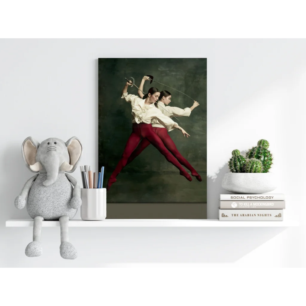 Soft gray elephant plush toy with white trunk on shelf, red dancers wall art print