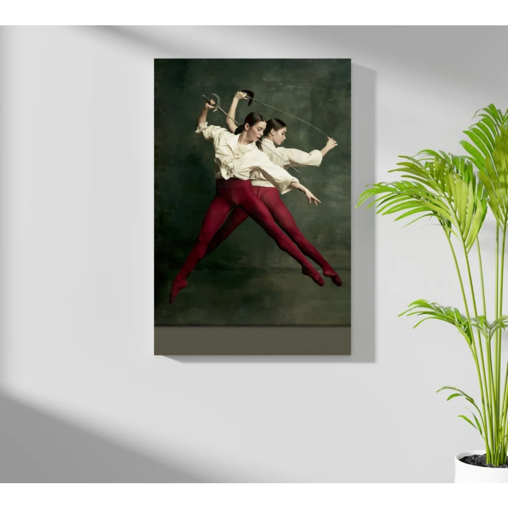 White and red fencing uniform with black accents on aluminum canvas art