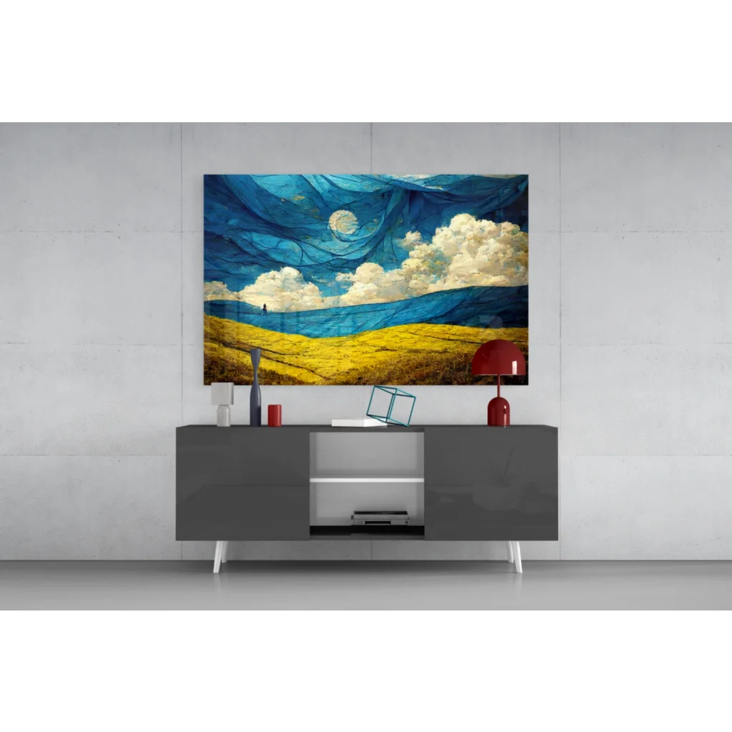 Vibrant blue gold glass wall art with stylized moon clouds hills