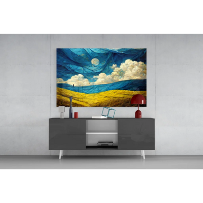 Vibrant blue gold glass wall art with stylized moon clouds hills
