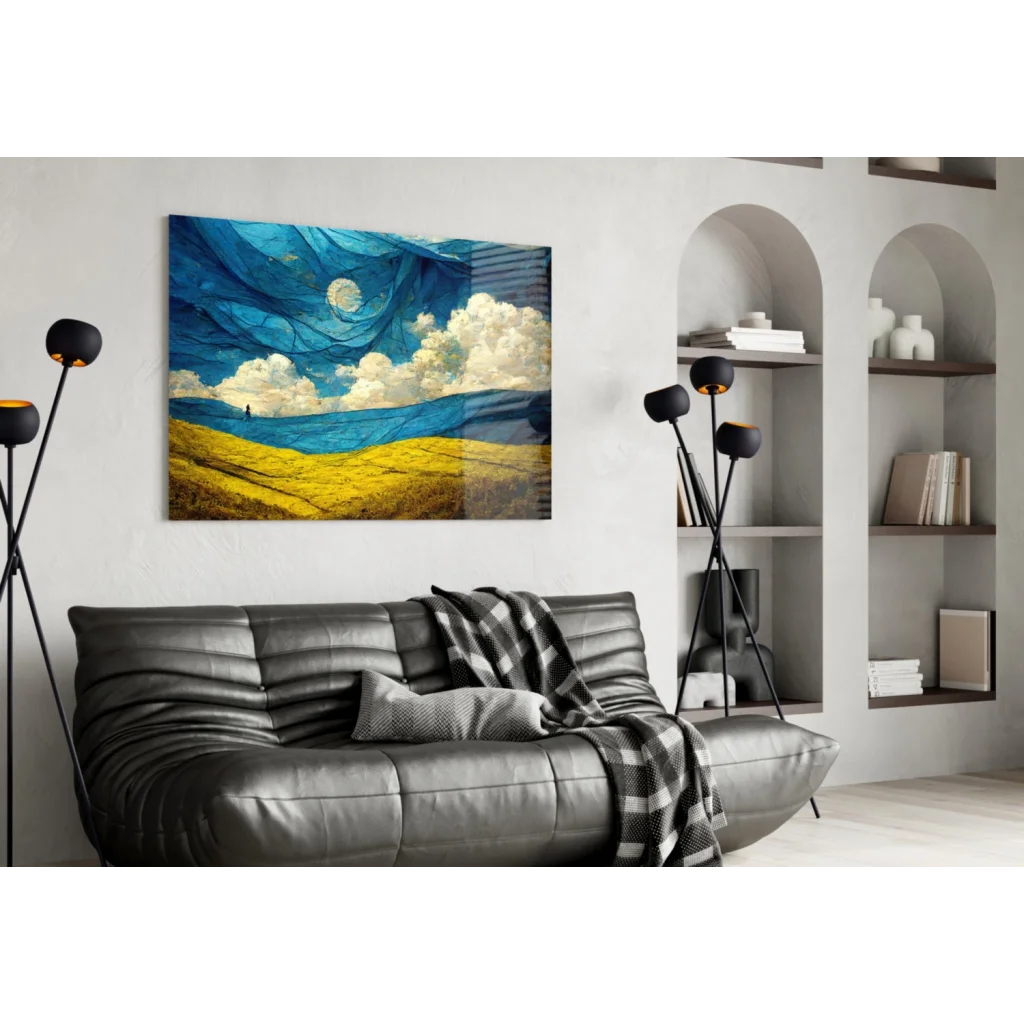 Stunning blue yellow abstract glass wall art with moon and swirling clouds above sofa