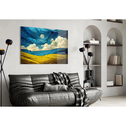 Stunning blue yellow abstract glass wall art with moon and swirling clouds above sofa