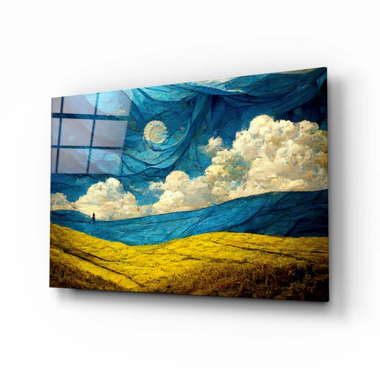 Stunning blue yellow abstract glass wall art with moon clouds landscape