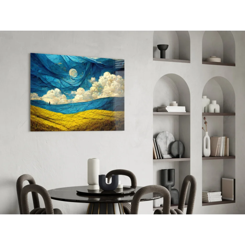 Vibrant blue gold glass wall art with moon clouds abstract landscape