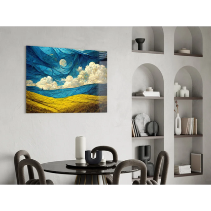 Vibrant blue gold glass wall art with moon clouds abstract landscape