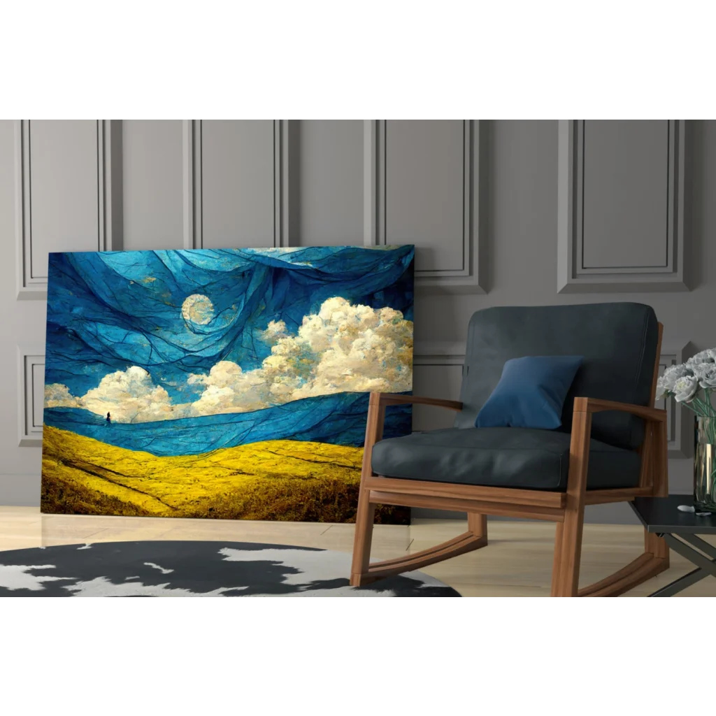 Stunning blue yellow abstract glass wall art with moon and clouds