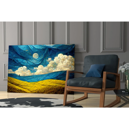 Stunning blue yellow abstract glass wall art with moon and clouds