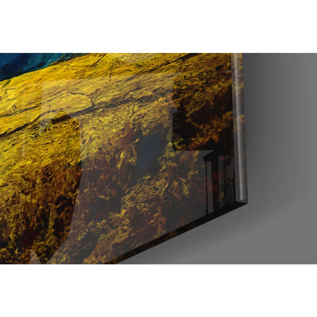 Stunning blue yellow abstract glass wall art with moon and clouds on sleek display