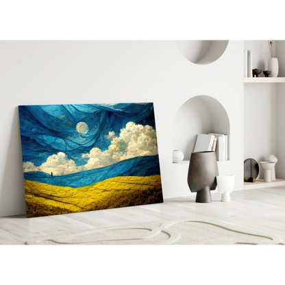 Vibrant abstract glass wall art with swirling blue skies, clouds, and golden field under crescent moon