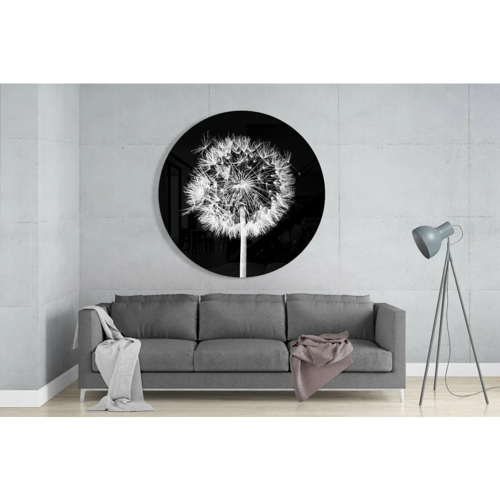 Stunning black tempered glass art with white dandelion design