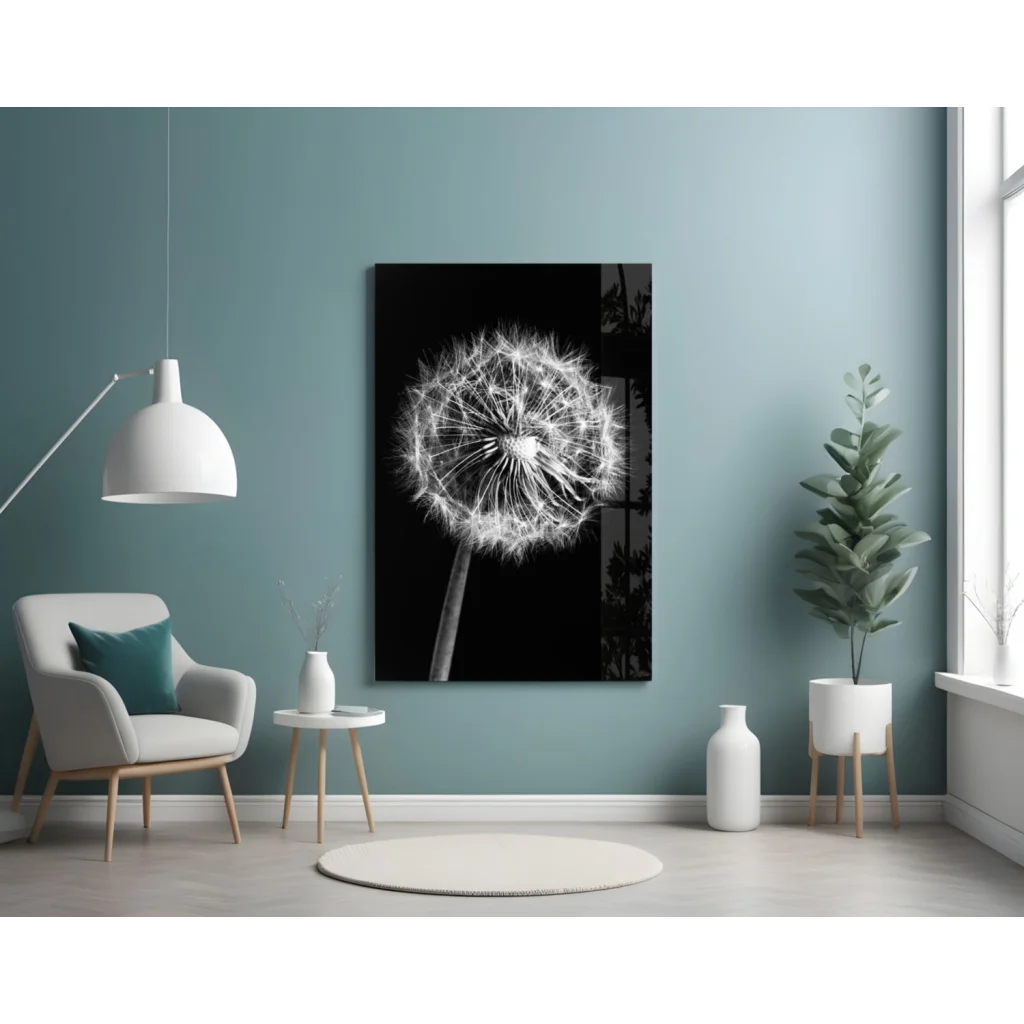 Black-and-white dandelion glass wall art canvas print on wall