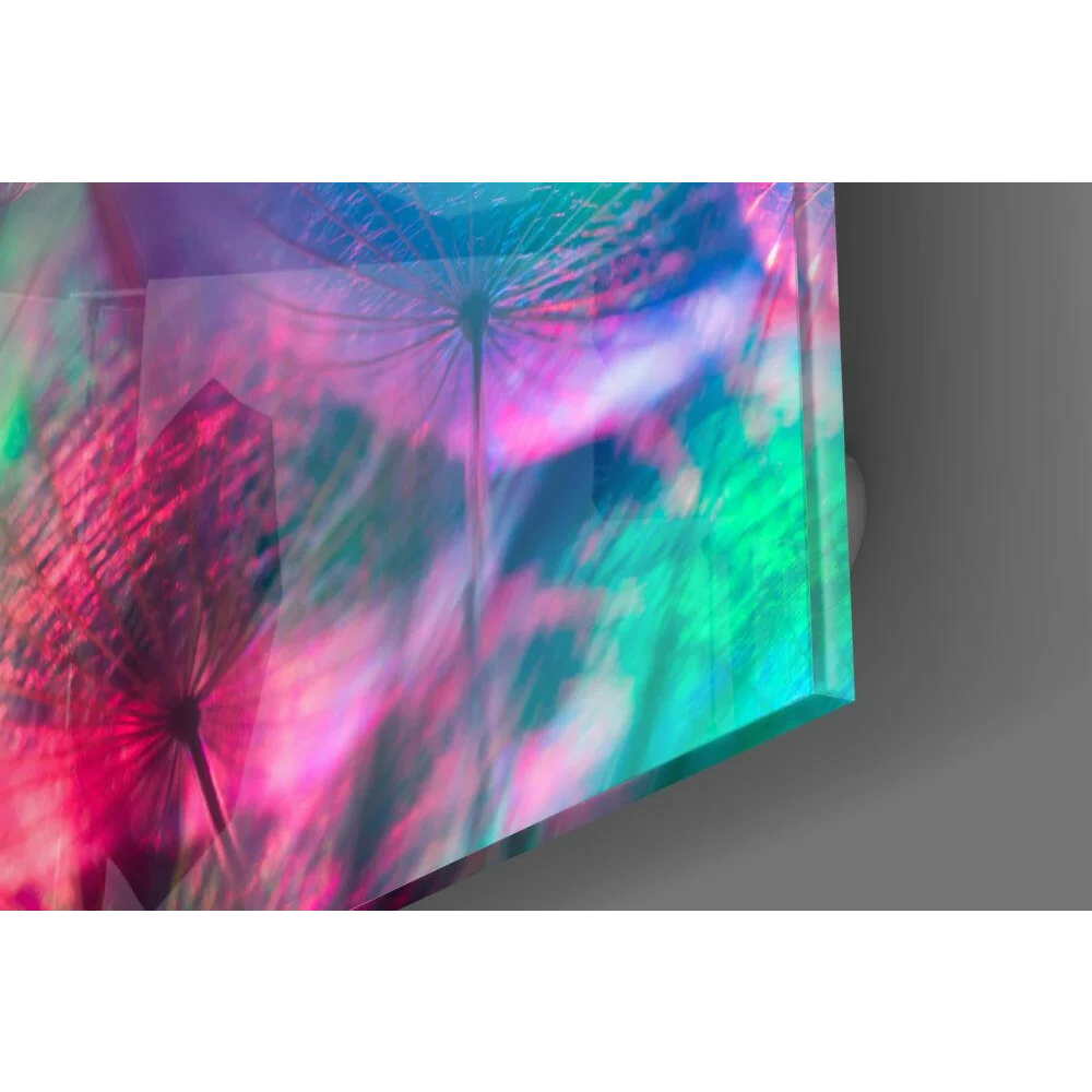 Iridescent dandelion glass wall art with vibrant pink, teal, purple hues