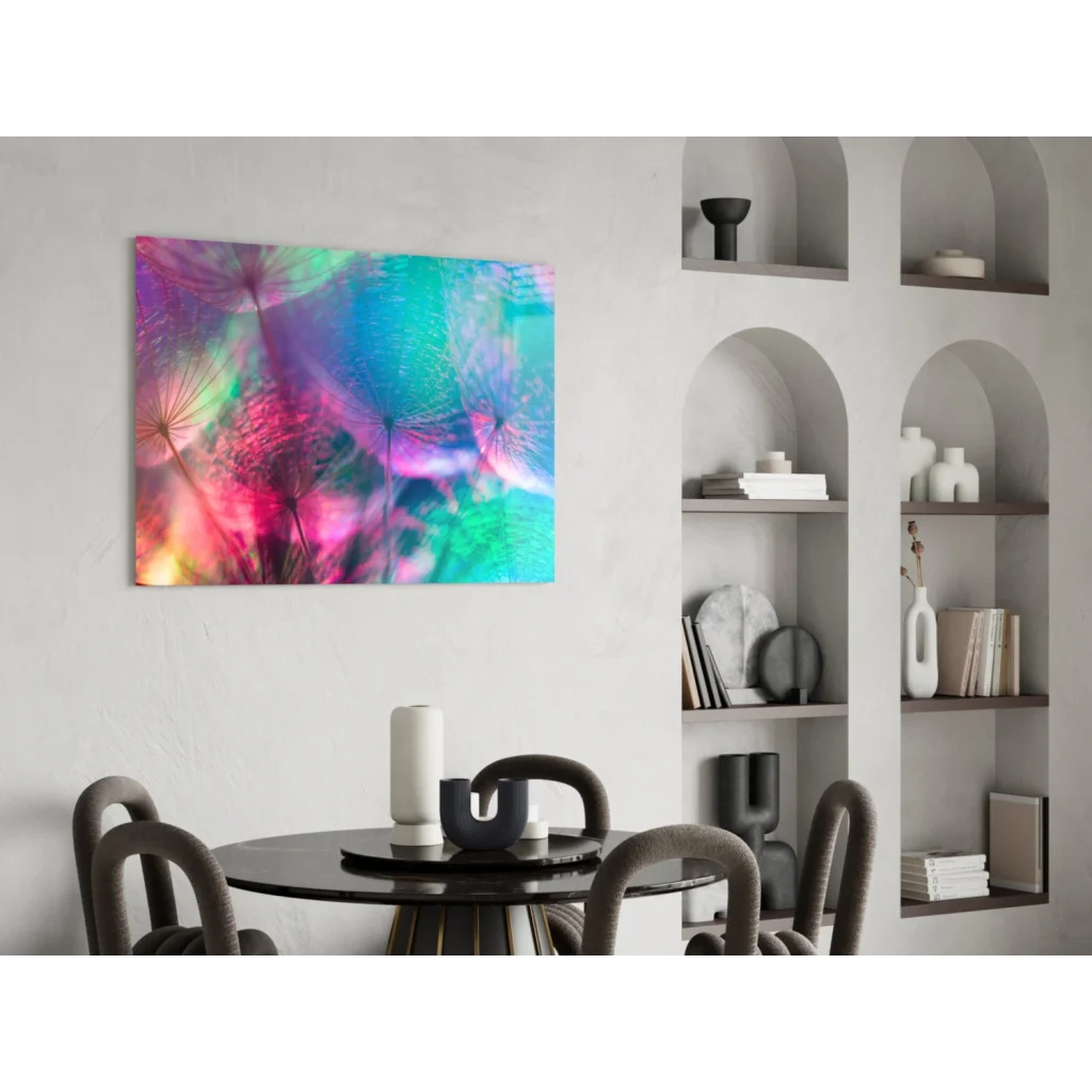 Vibrant psychedelic dandelion wall art in neon pink and teal hues