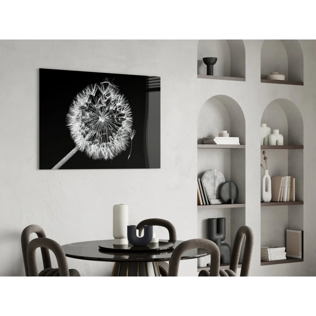 Black-and-white dandelion wall art print on dark background