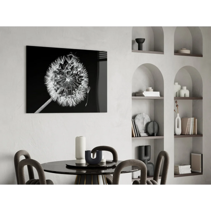 Black-and-white dandelion wall art print on dark background