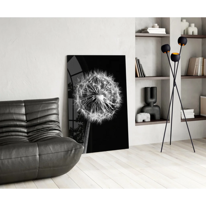 Black-and-white dandelion glass wall art on modern canvas