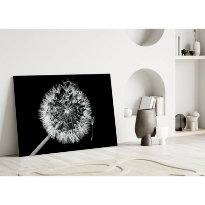 Black and white dandelion wall art canvas print with high-contrast seed head