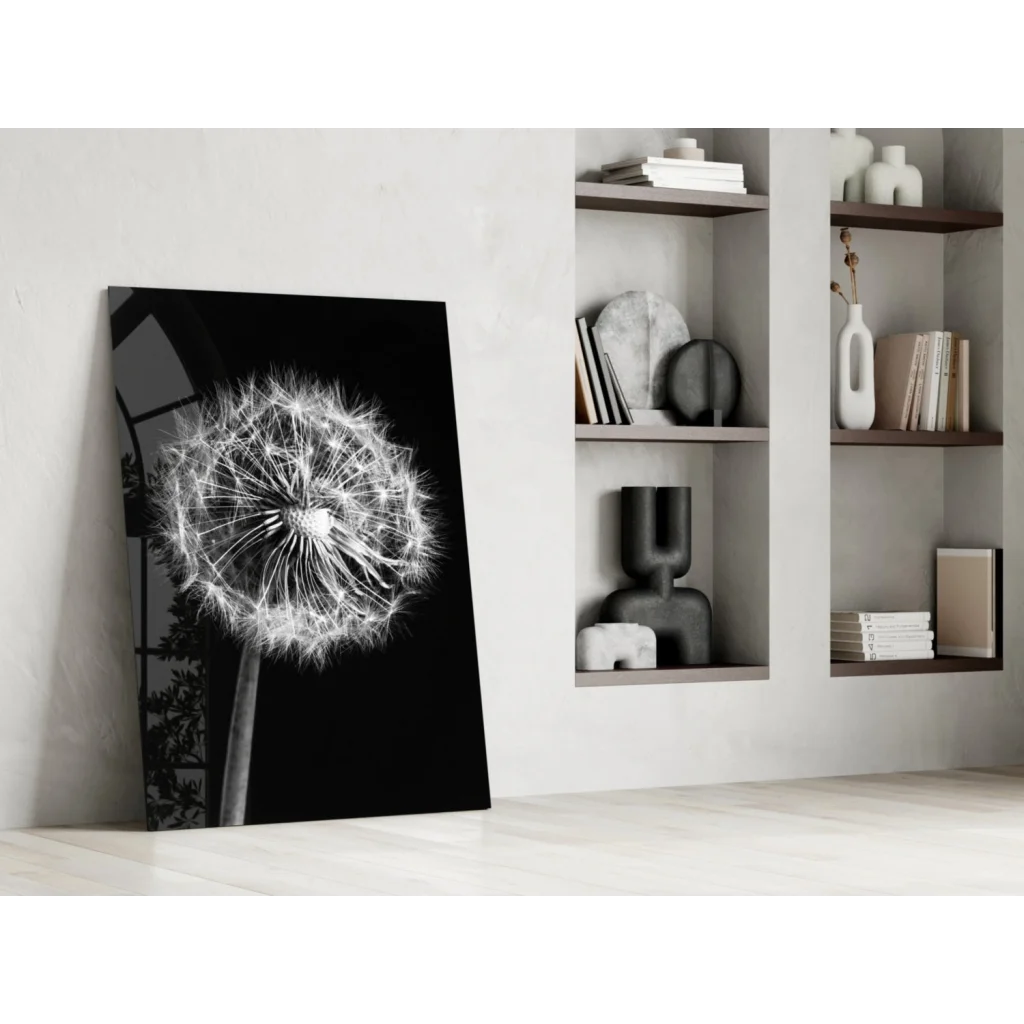 Stunning black and white dandelion glass wall art print
