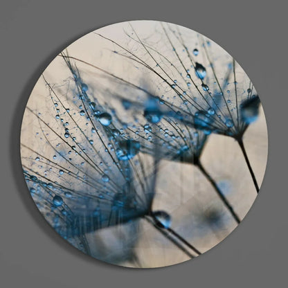 Blue Dandelion Dewdrops Tempered Glass Art with Size Comparison | Modern Wall Art Decor | vintageantiquesgifts.com