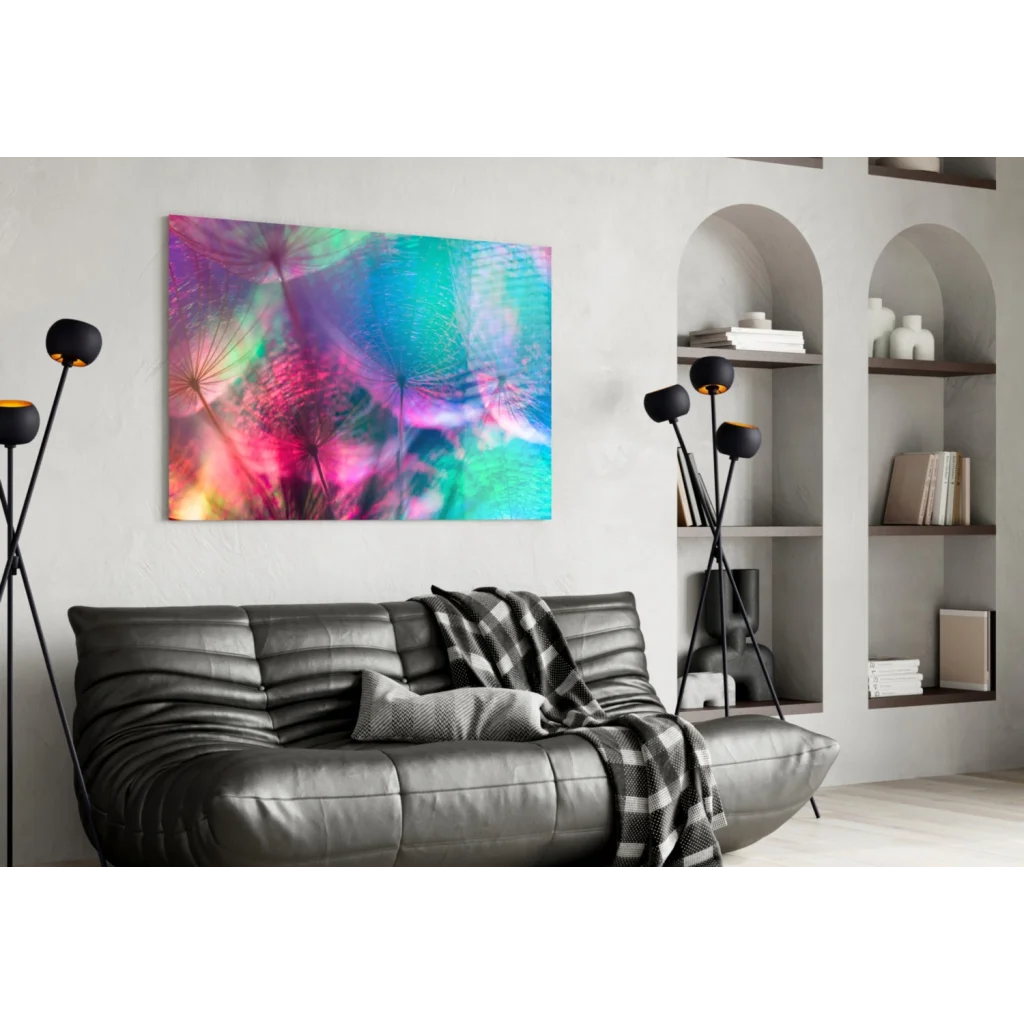 Vibrant Psychedelic Dandelion wall art in neon pink and teal swirls