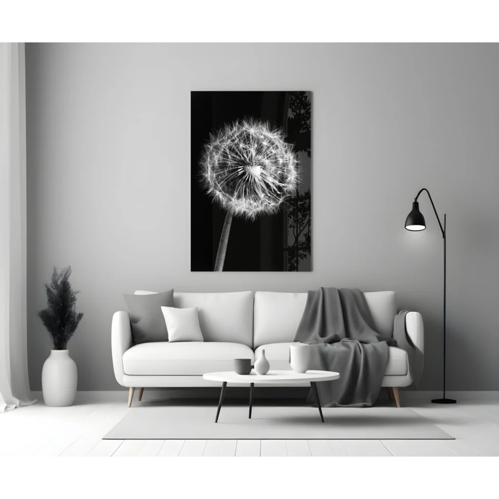 Black-and-white dandelion glass wall art canvas print on wall