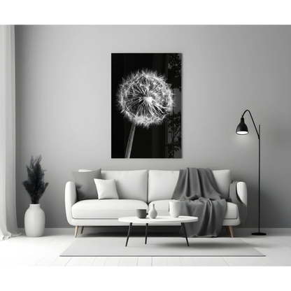 Black-and-white dandelion glass wall art canvas print on wall