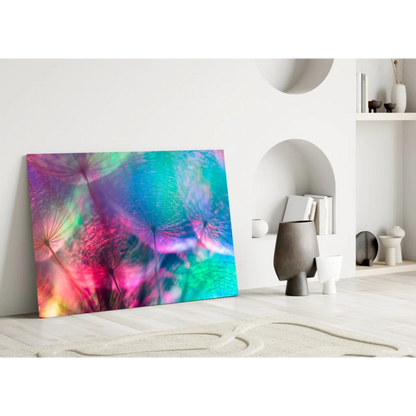 Psychedelic dandelion wall art in neon pink and teal hues