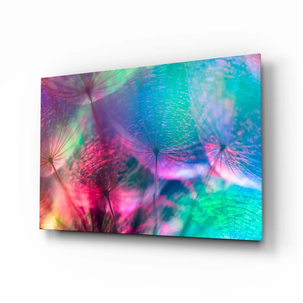 Psychedelic dandelion wall art in neon pink and teal hues