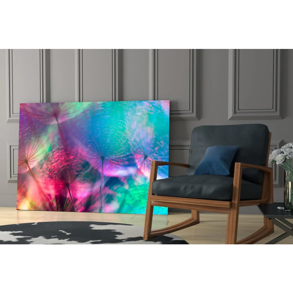 Vibrant psychedelic dandelion wall art in pink, teal, purple hues