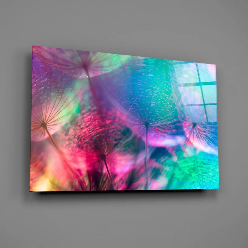 Vibrant psychedelic dandelion wall art in neon pink and teal hues