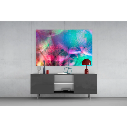 Vibrant psychedelic dandelion wall art in neon pink and teal hues