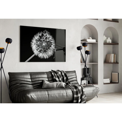 Black-and-white dandelion wall art canvas print on wall
