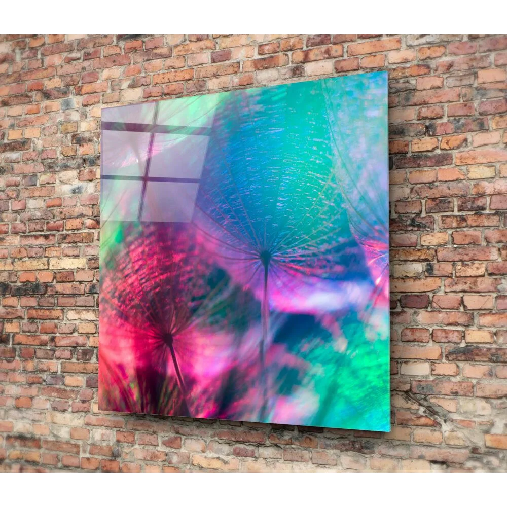 Vibrant iridescent dandelion glass wall art in pink, teal, green hues