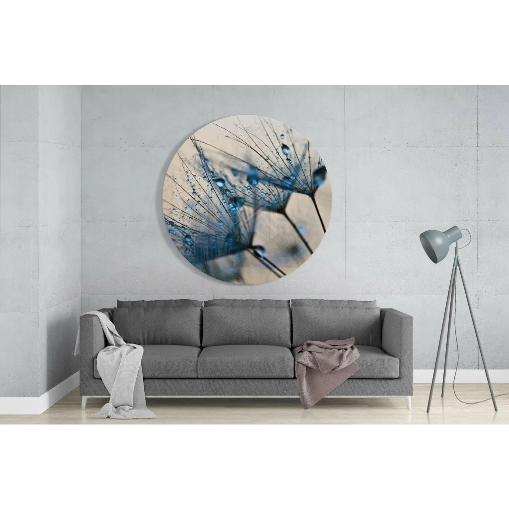 Blue Dandelion Dewdrops Tempered Glass Art with Size Comparison | Glass Wall Art Print | vintageantiquesgifts.com