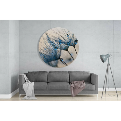 Blue Dandelion Dewdrops Tempered Glass Art with Size Comparison | Glass Wall Art Print | vintageantiquesgifts.com