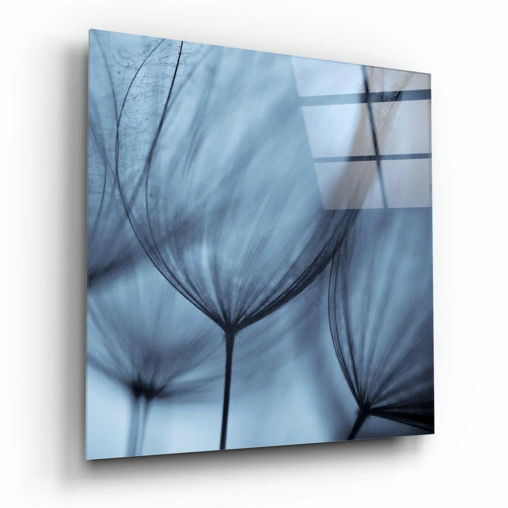 Blue dandelion glass wall art with abstract fan design panel