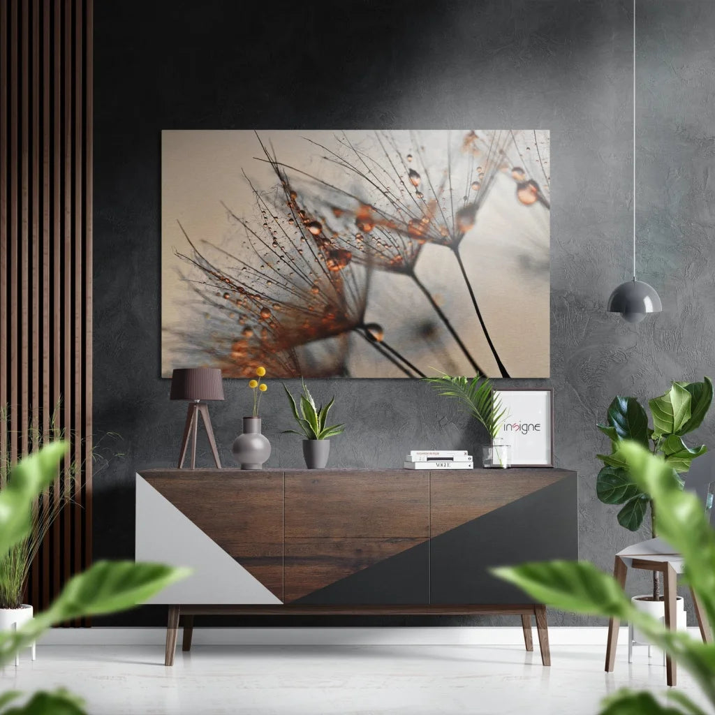 Rustic abstract wall art on brushed aluminium dibond with feathery stems and dewdrops