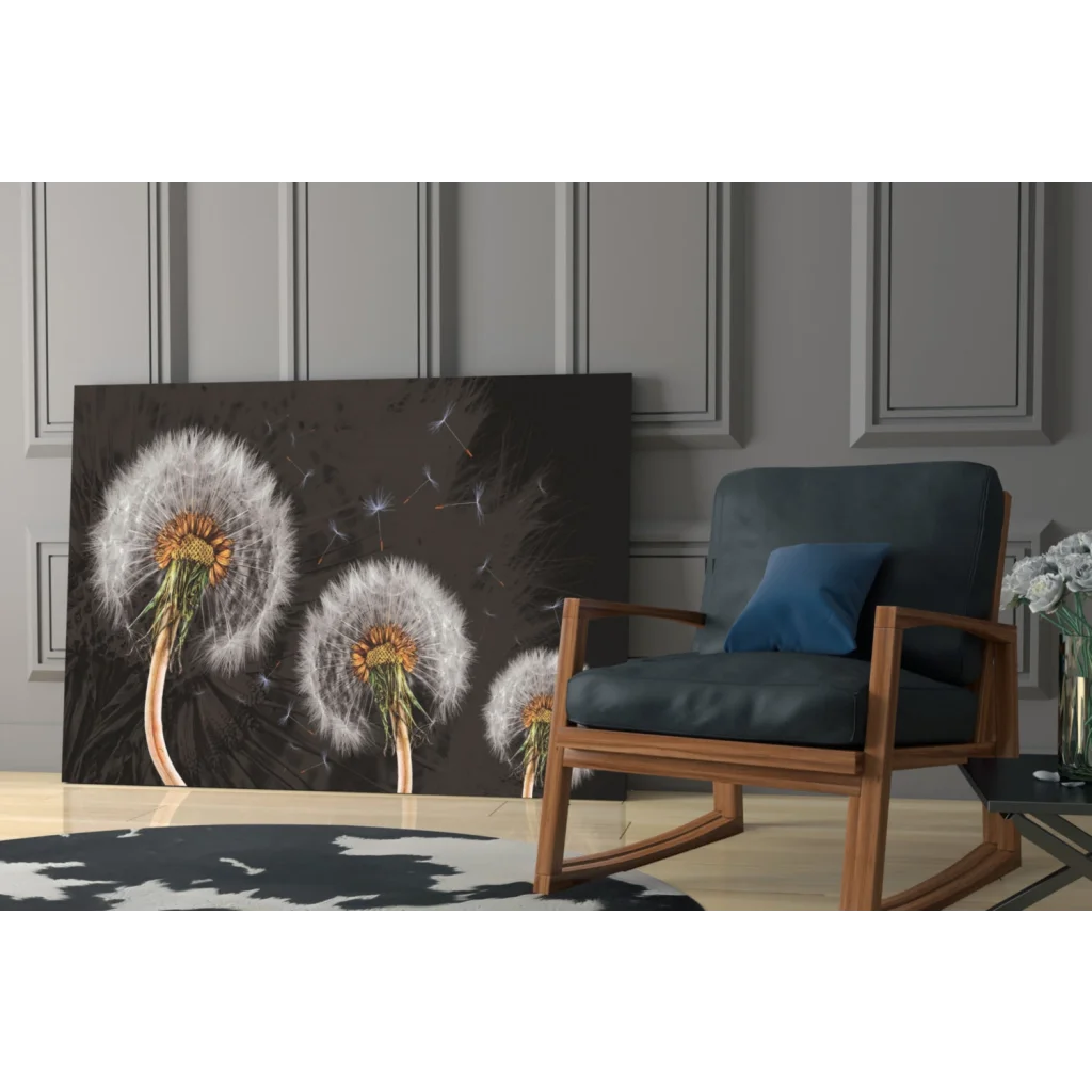 Stunning glass wall art of fluffy white dandelions on black canvas