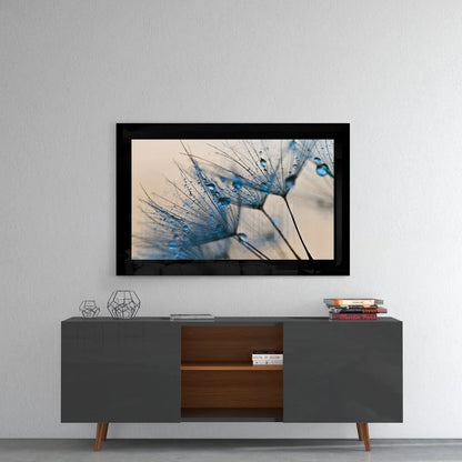 Stunning blue dandelion glass wall art with water droplets in black frame