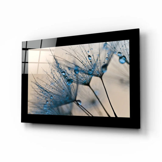 Stunning blue dandelion glass wall art with water droplets close-up