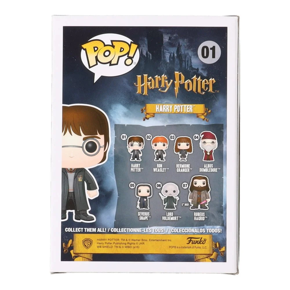 Back of a Harry Potter Funko Pop box featuring Daniel Radcliffe signed Harry collectible