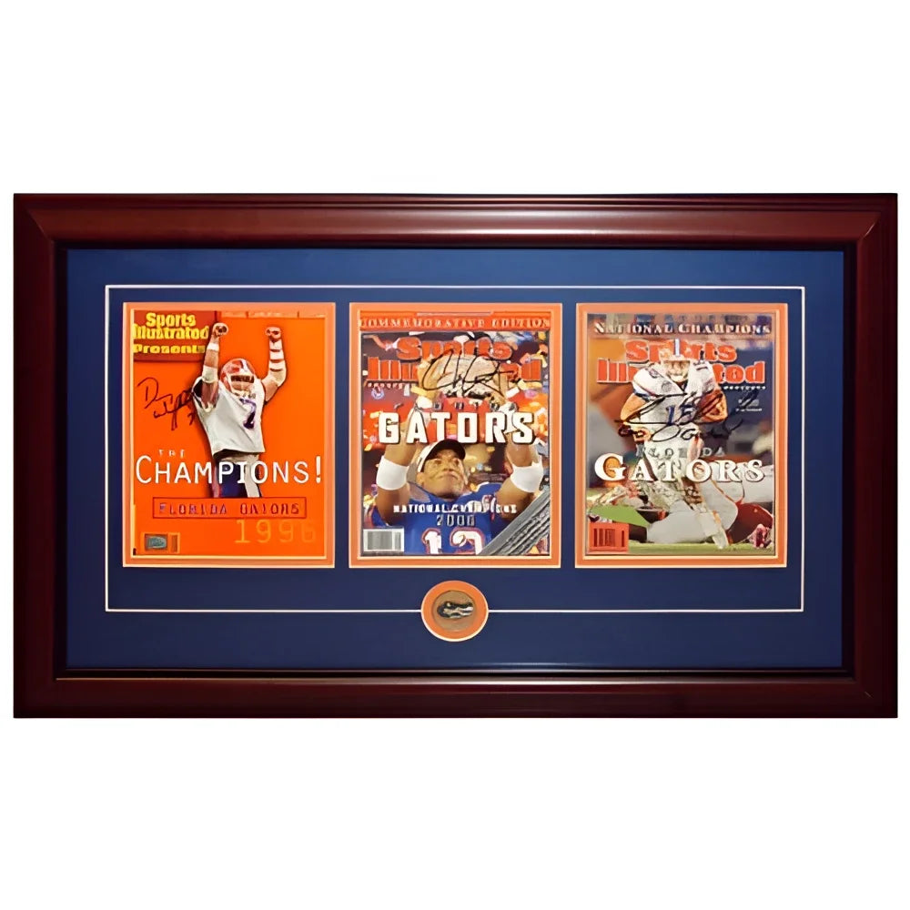 Danny Wuerffel Chris Leak Tim Tebow autographed Gators national champs commemorative Sports Illustrated triple frame